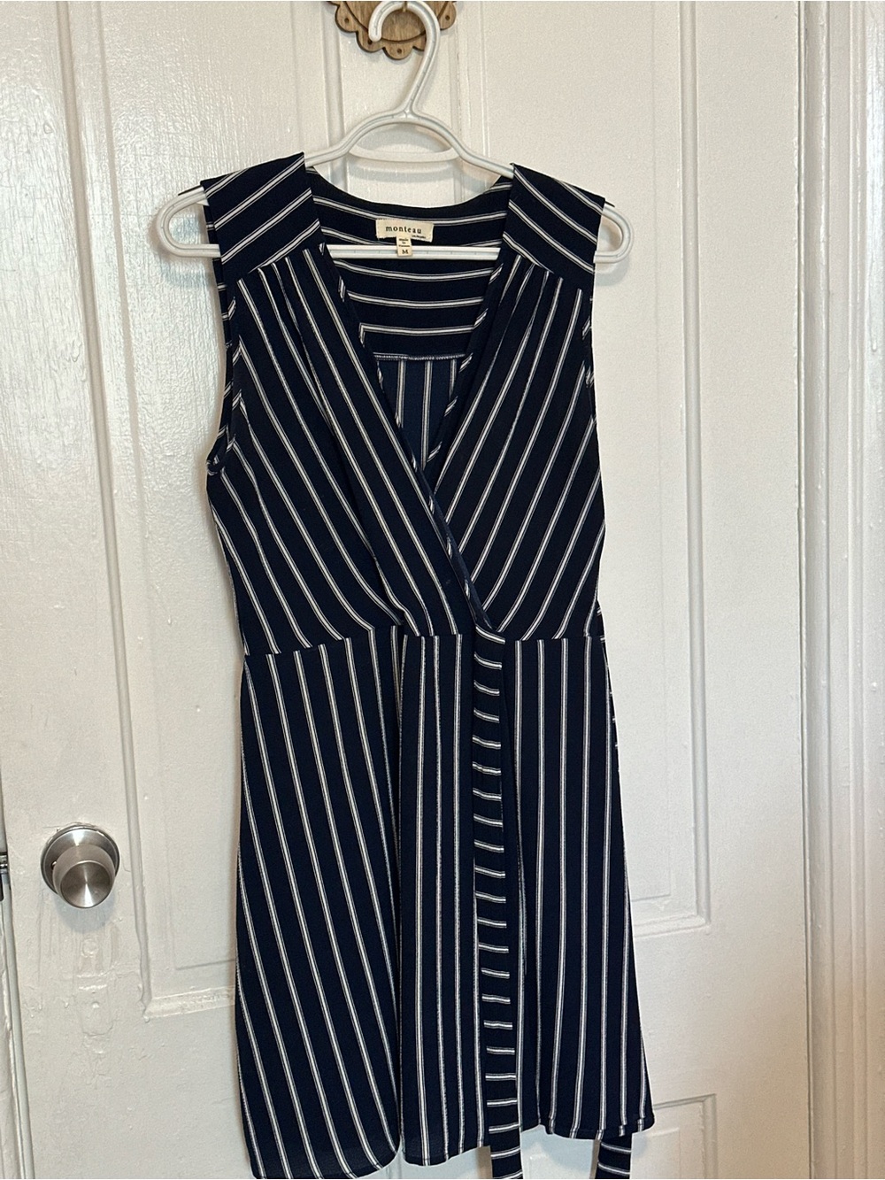 Monteau Navy and White Striped Sleeveless Wrap-Front Midi Dress